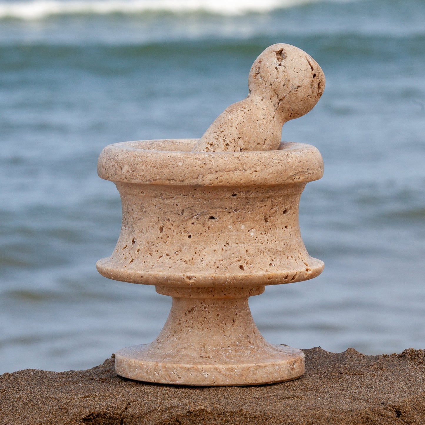 5.9" (15 cm) Travertine Mortar with pedestal / Unique Mortar / Home Decoration / Marble Decoration / Home Accessories / Home Gift