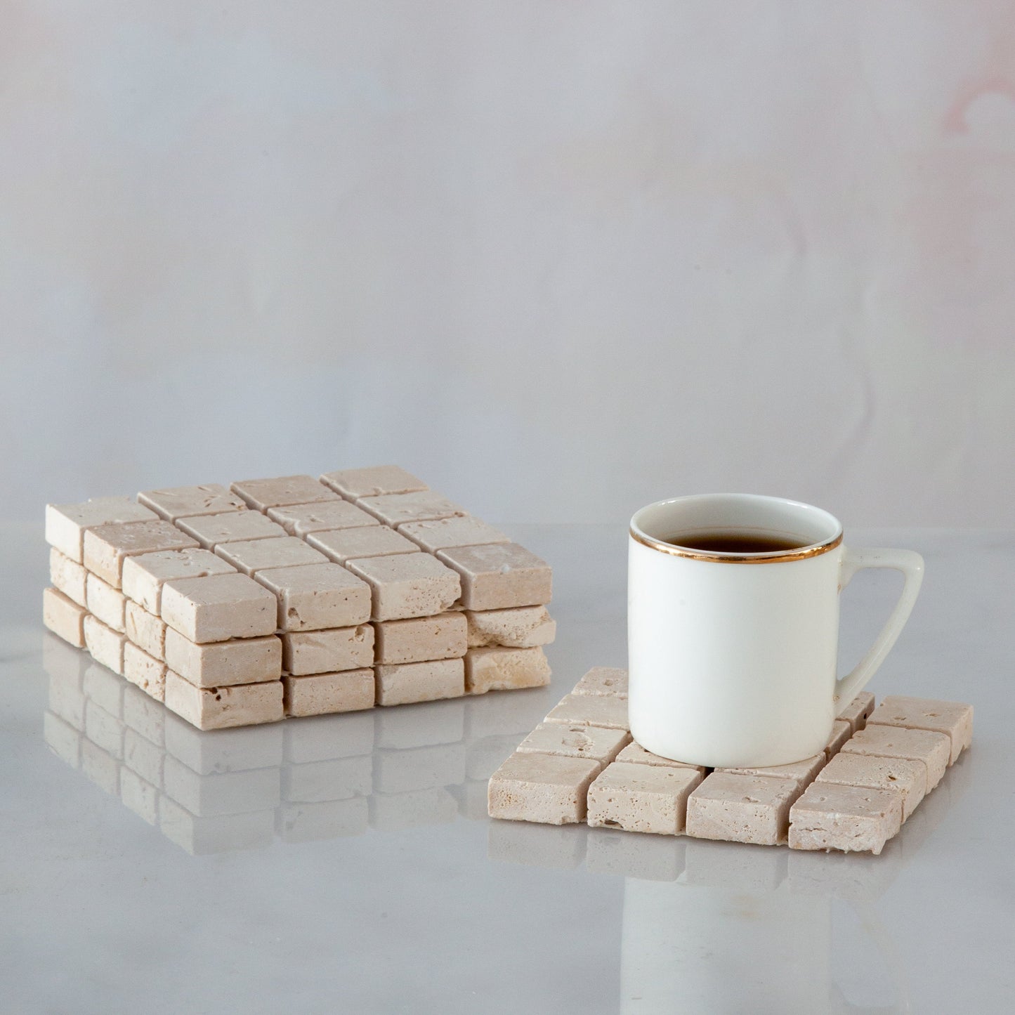 4 pcs Travertine Mosaic Coaster, Marble Coaster, Travertine Coaster, Beige Travertine Coaster, Mosaic Coaster, Set of Four (4)