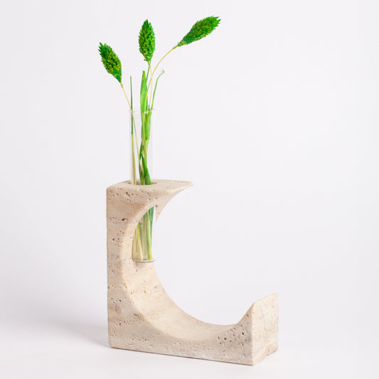 Beige Travertine Glass Tube Planter, Unique Planter, Natural Planter, Glass Planter, Marble Candleholder, Stone Planter, Moon Shaped