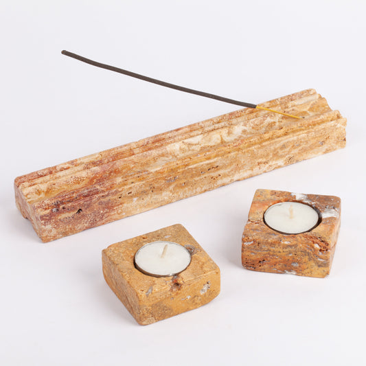 Travertine Incense Holder & Candleholder Set, Stone Incense Holder, Marble Incense Holder, Meditation, Home Decoration, Home Meditation