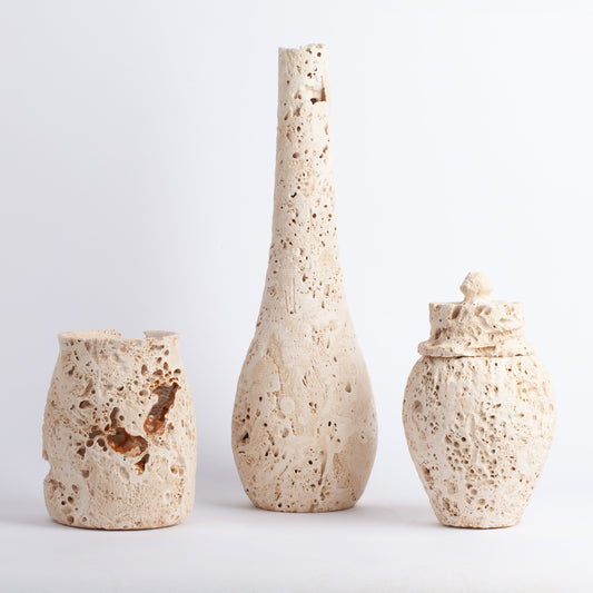 Travertine Centerpiece Set of Three, Travertine Vase, Marble Vase, Home Decoration, Rustic Decoration, Coastal Decoration,Marble Centerpiece